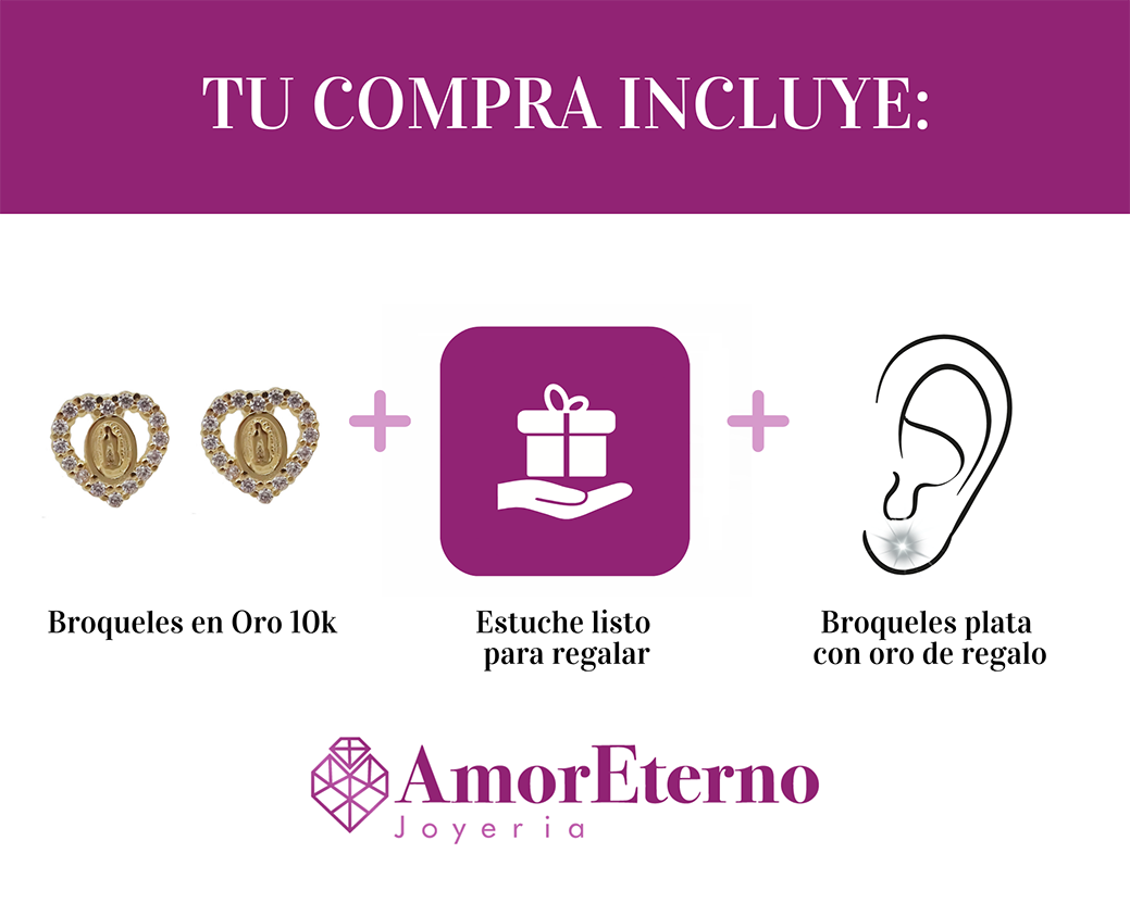 Amor Eterno - Broqueles Virgen Corazón / Aretes / Oro 10k