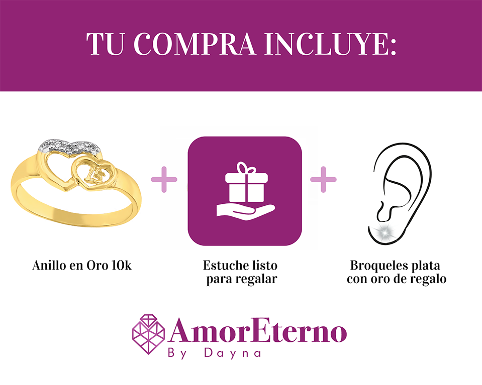 Amor Eterno - Anillo Xv Años / Doble Corazón/ Oro Sólido 10k