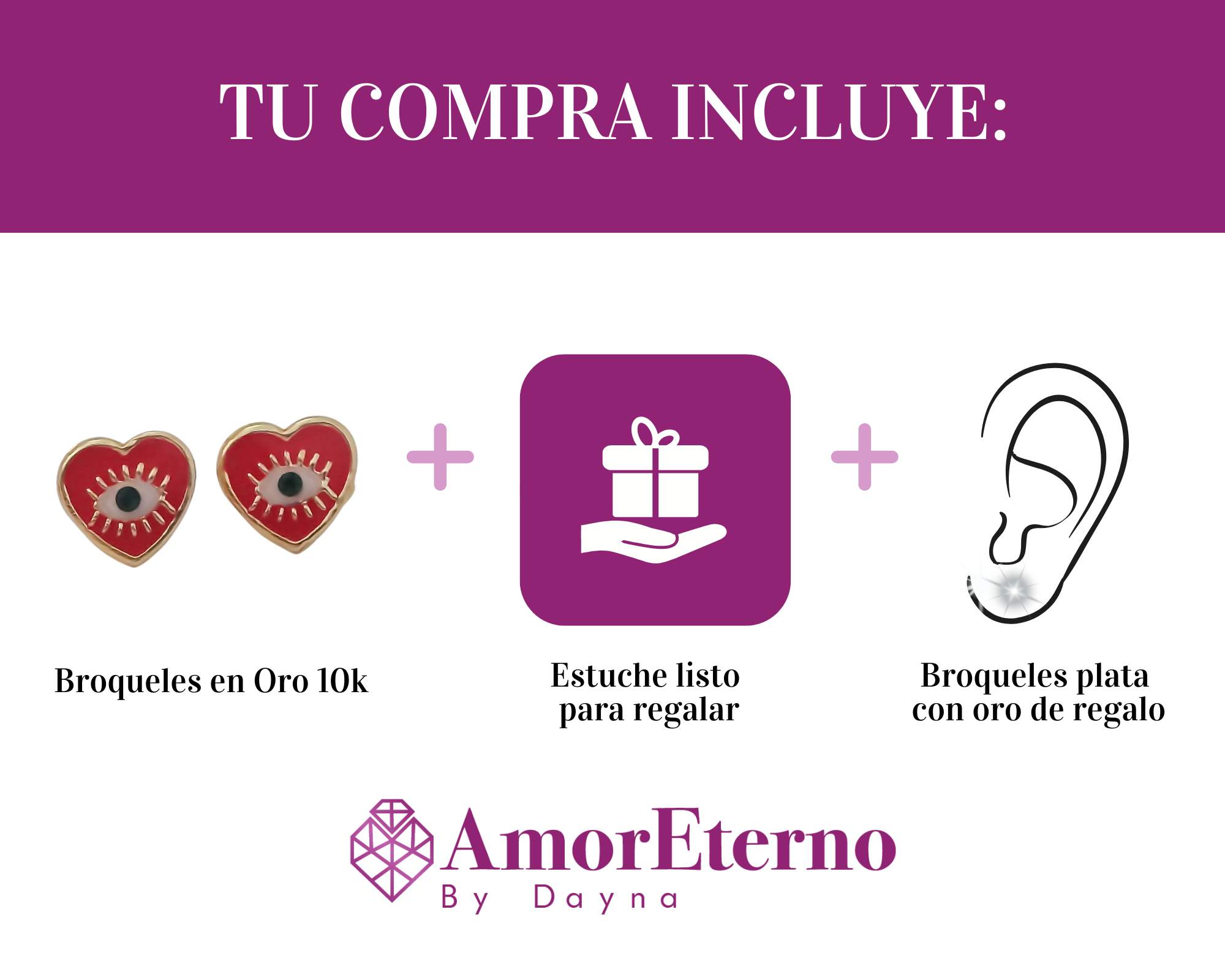 Amor Eterno - Broqueles Corazón Ojo Turco Esmaltado / 10k