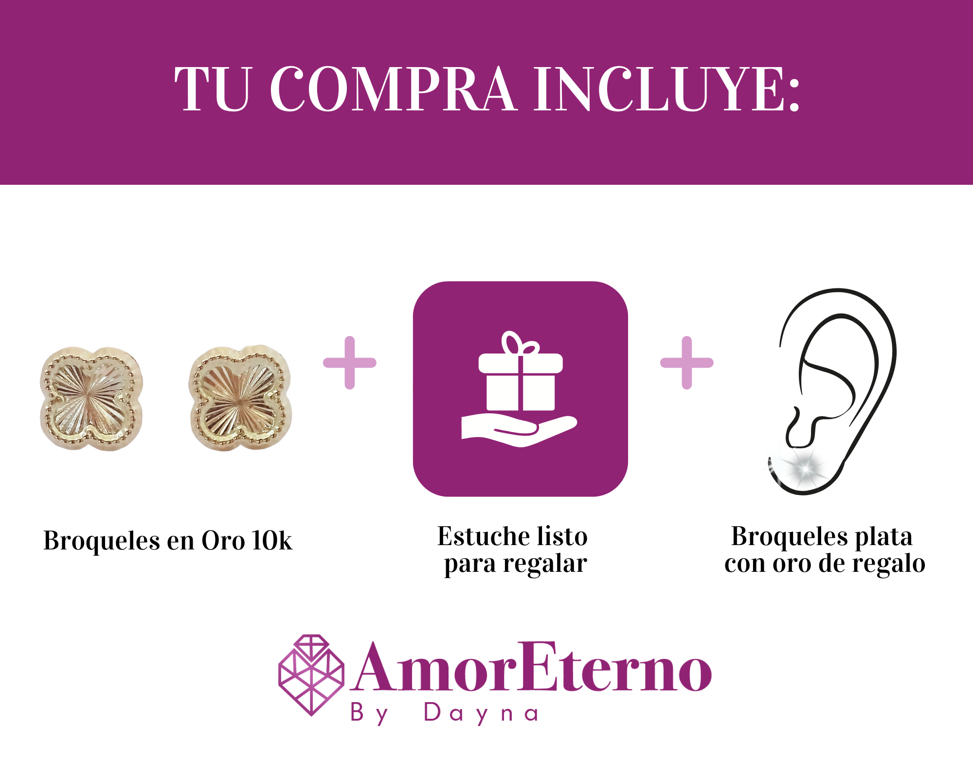 Amor Eterno - Broqueles Trébol Facetado / Oro Sólido 10k