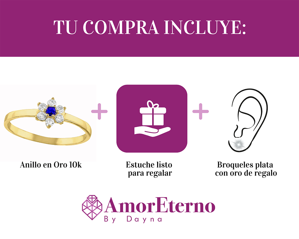 Amor Eterno - Anillo Flor / Oro 10k Solido / Azul Oscuro