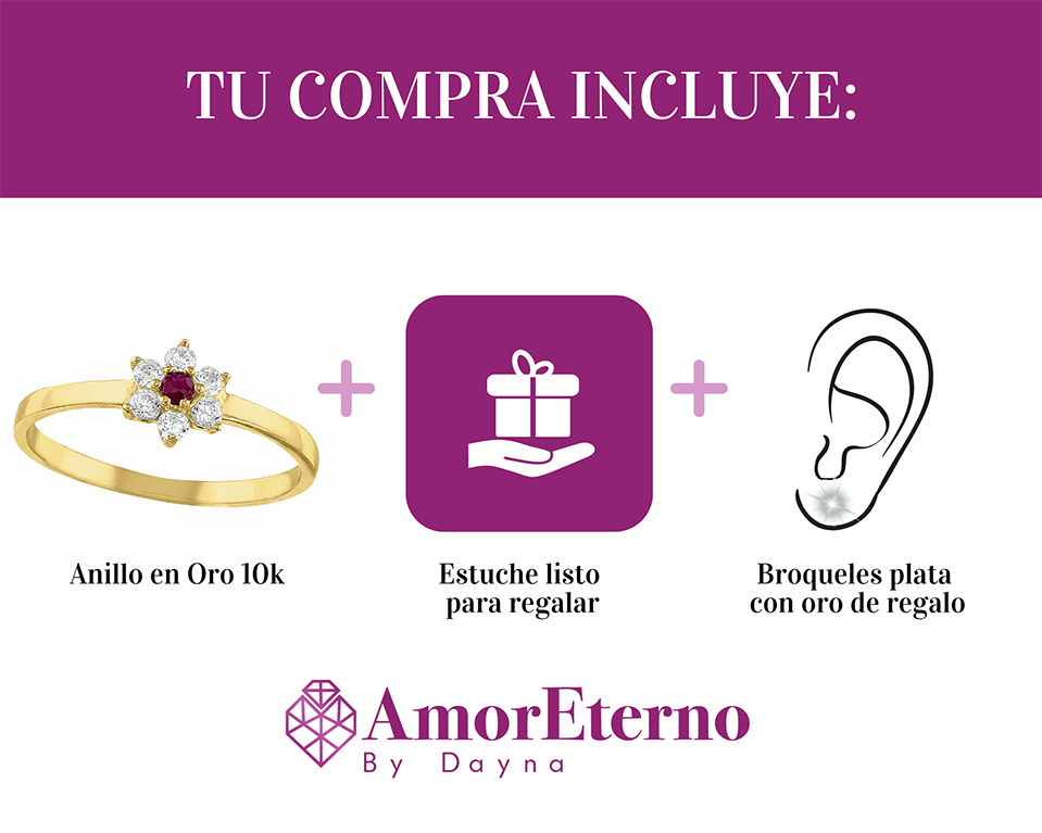 Amor Eterno - Anillo Flor / Oro 10k Solido / Rojo