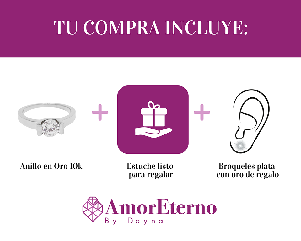 Amor Eterno - Anillo Solitario / Uxy/ Oro 10k Sólido / Blanco