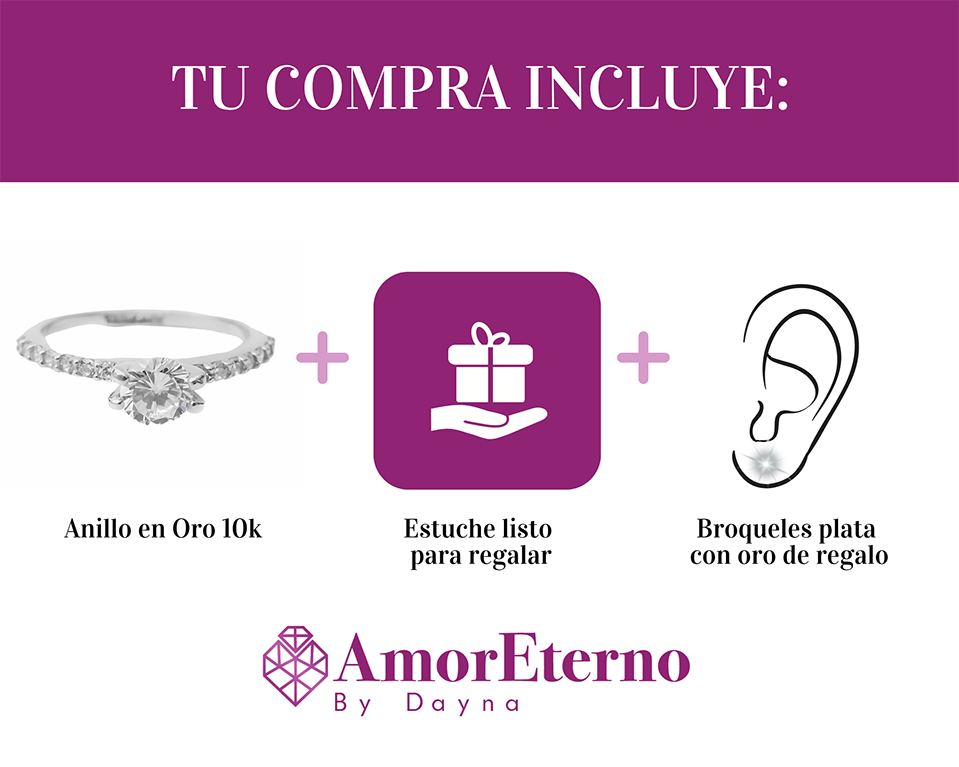 Amor Eterno - Anillo Solitario Romina / Oro Sólido 10k / Blanco
