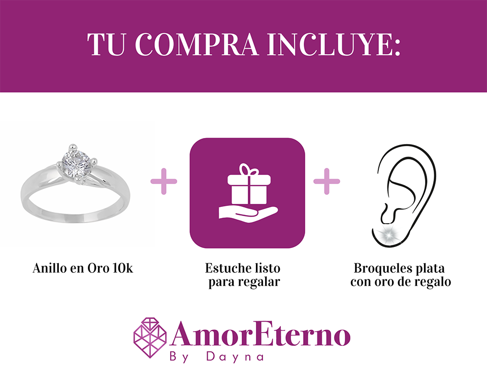 Amor Eterno - Anillo Solitario / Doble Y / Oro Sólido 10k / Blanco