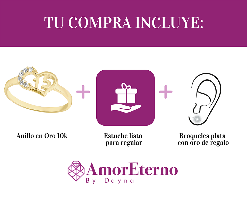 Amor Eterno - Anillo Xv Años Corazón En Oro 10k Sólido