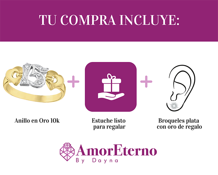 Amor Eterno - Anillo Xv Años / 2 Corazones / Oro 10k Sólido