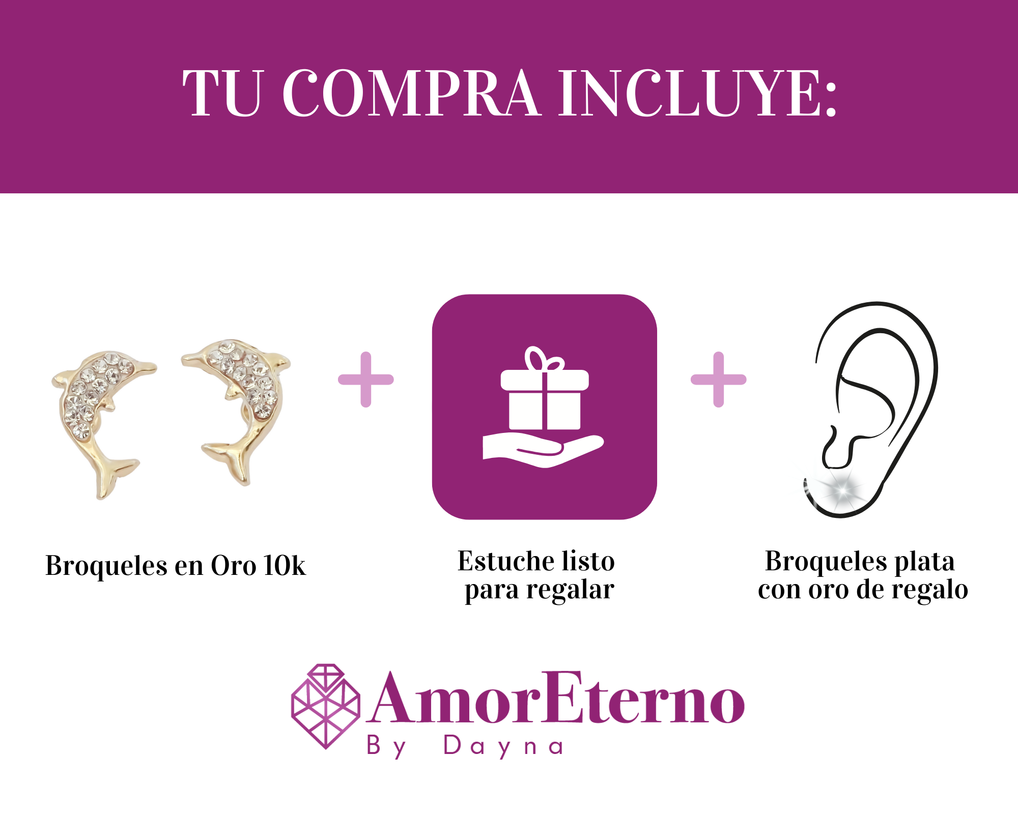 Amor Eterno - Broqueles Aretes Delfín Diamantes / Oro 10k