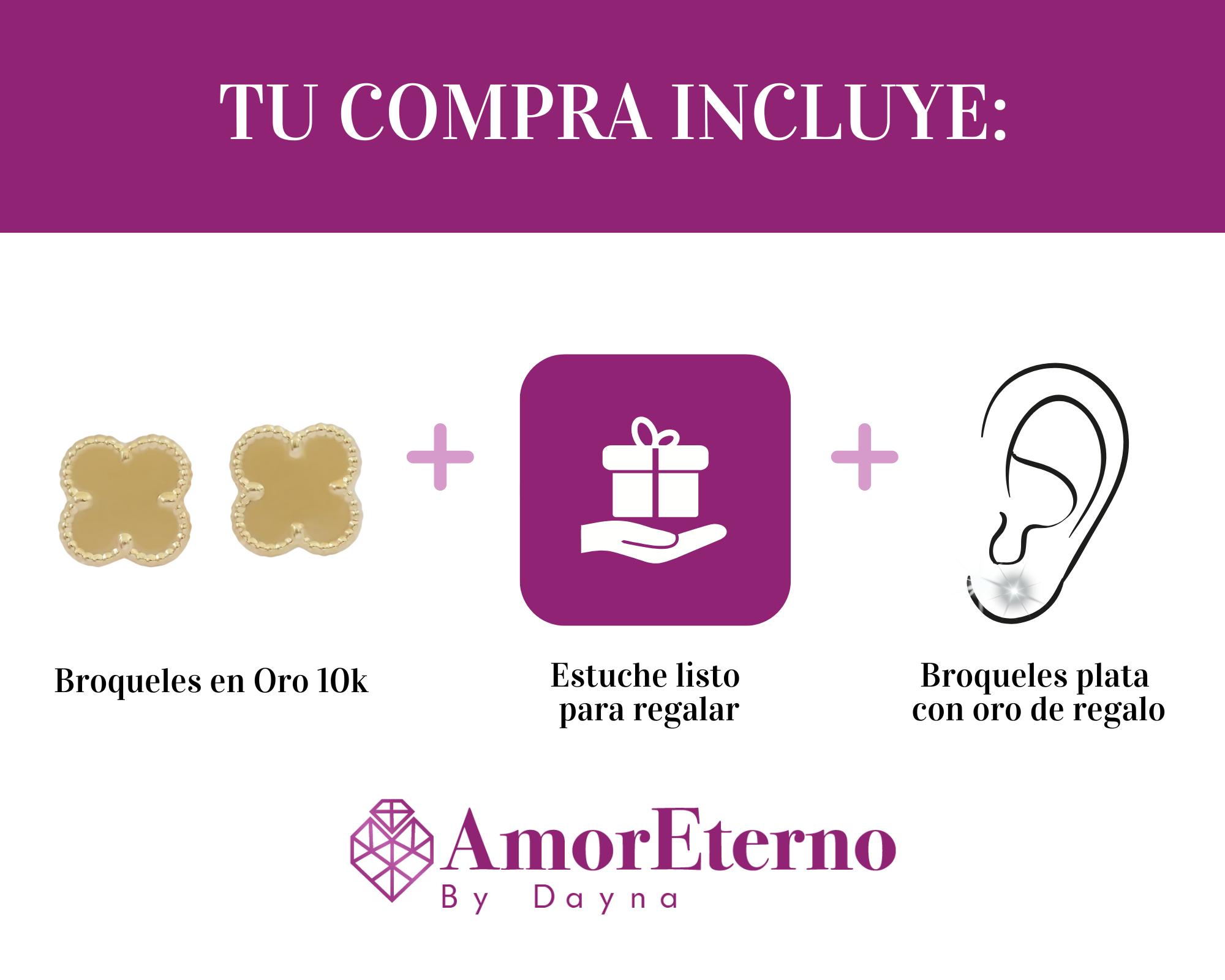 Amor Eterno - Broqueles Trébol Mate / Oro Sólido 10k