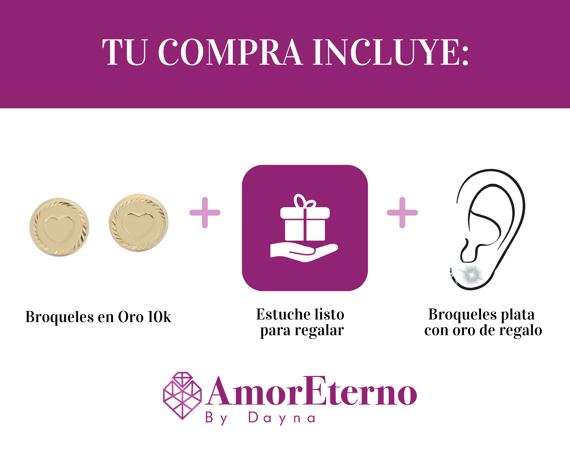 Amor Eterno - Broqueles / Botón Corazón / Aretes Oro 10k