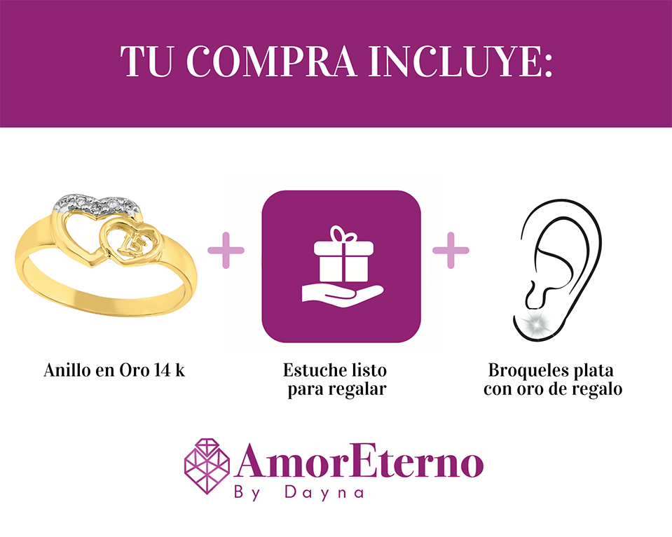 Amor Eterno - Anillo Xv Años / Doble Corazón/ Oro Sólido 14k