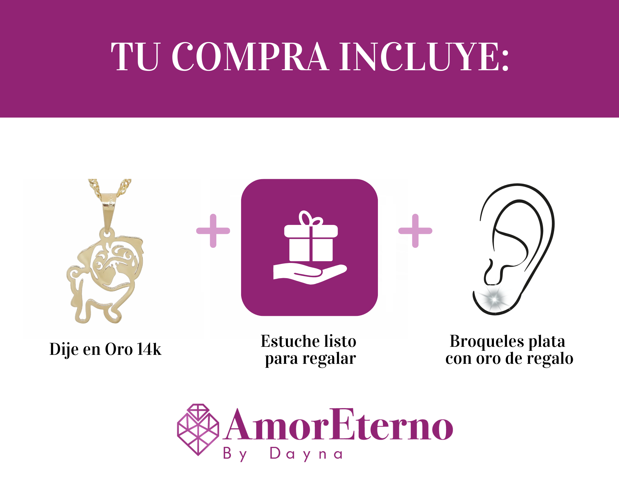 Amor Eterno - Dije Perrito Pug Oro 14k + Cadena de Regalo