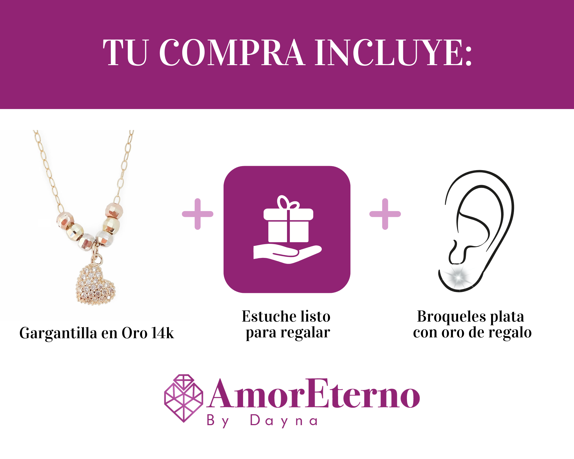 Amor Eterno - Gargantilla 45cm / Corazón 3 Oros Sólido 14k