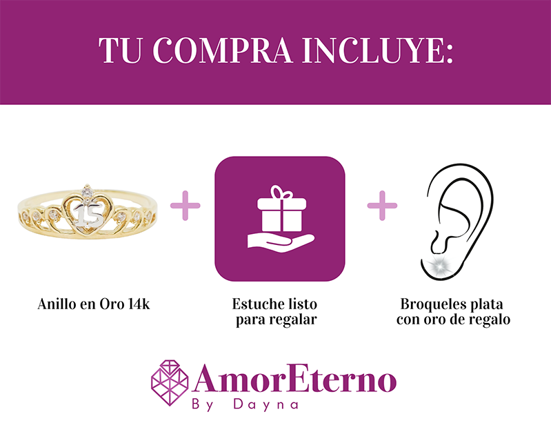 Amor Eterno - Anillo Xv Años / Corona Xv / Oro Sólido 14k