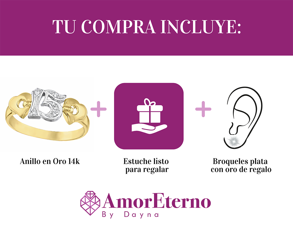 Amor Eterno - Anillo Xv Años / 2 Corazones / Oro 14k Sólido