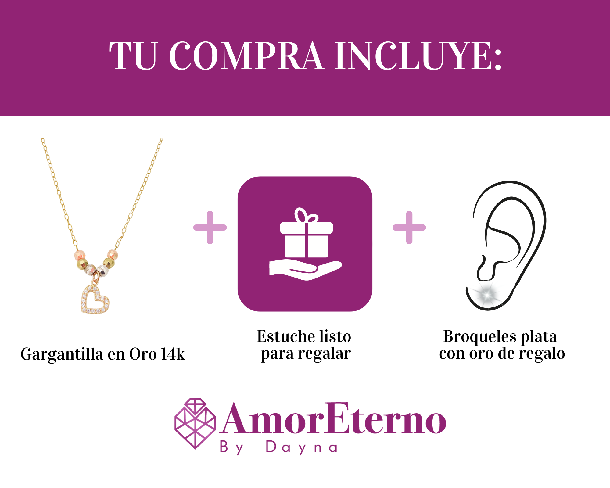 Amor Eterno - Gargantilla / Corazón 3 Oros Sólido 14k