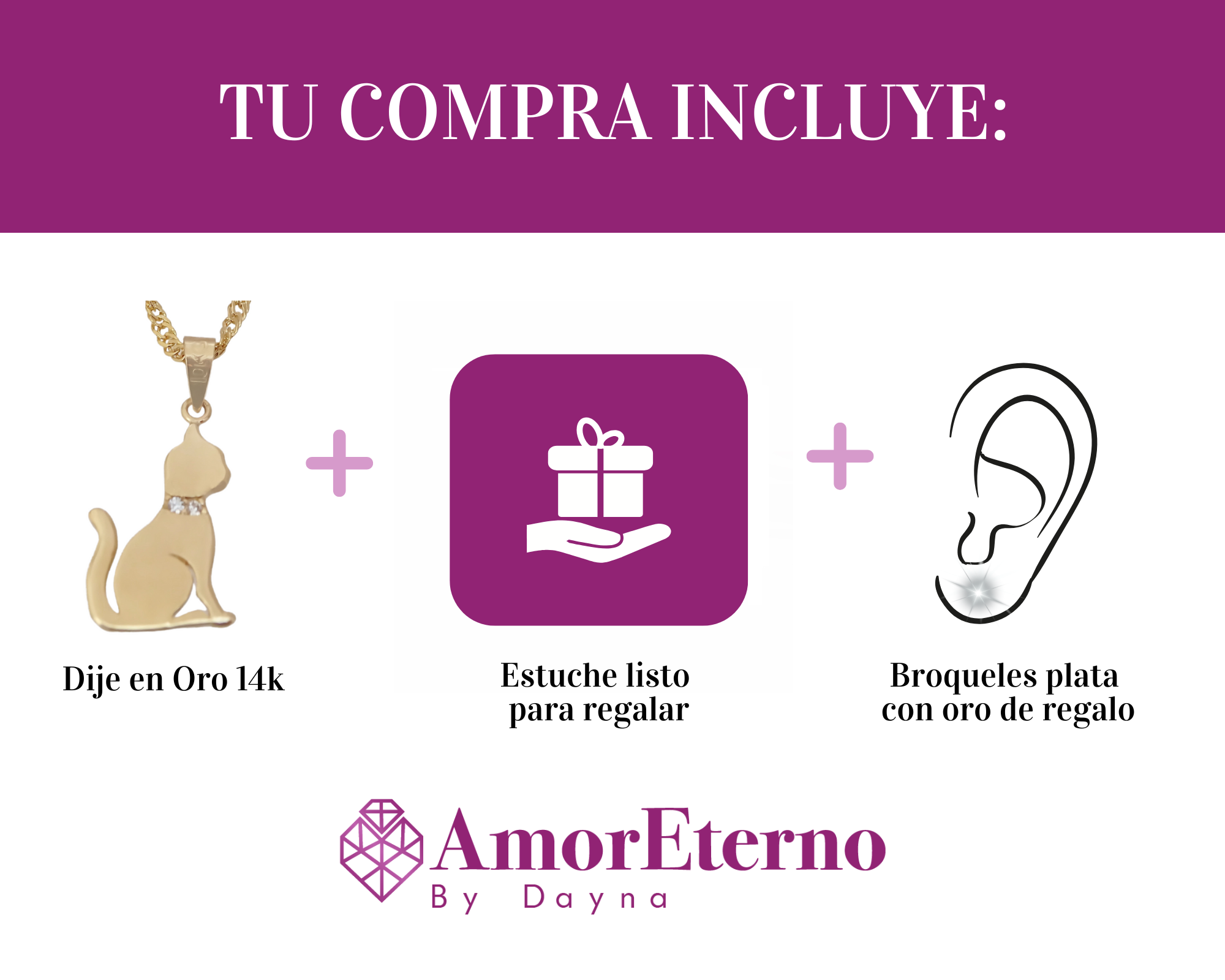 Amor Eterno - Dije Gato Oro 14k Solido + Cadena Regalo
