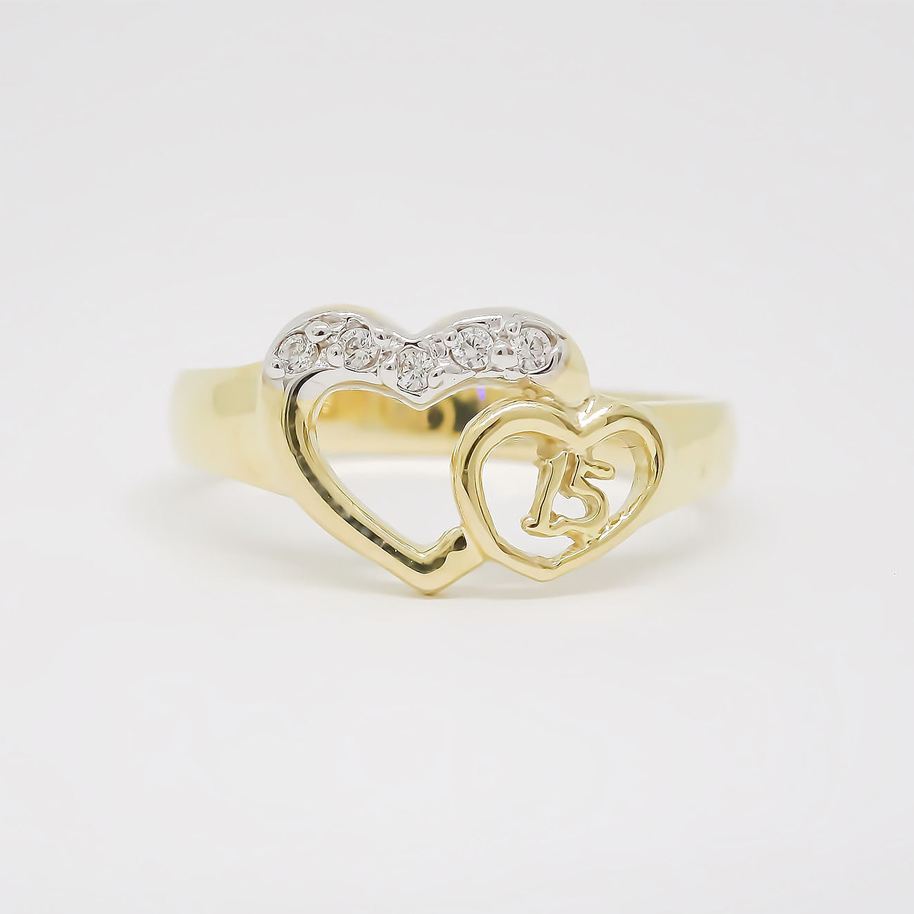 Amor Eterno - Anillo Xv Años / Doble Corazón/ Oro Sólido 14k