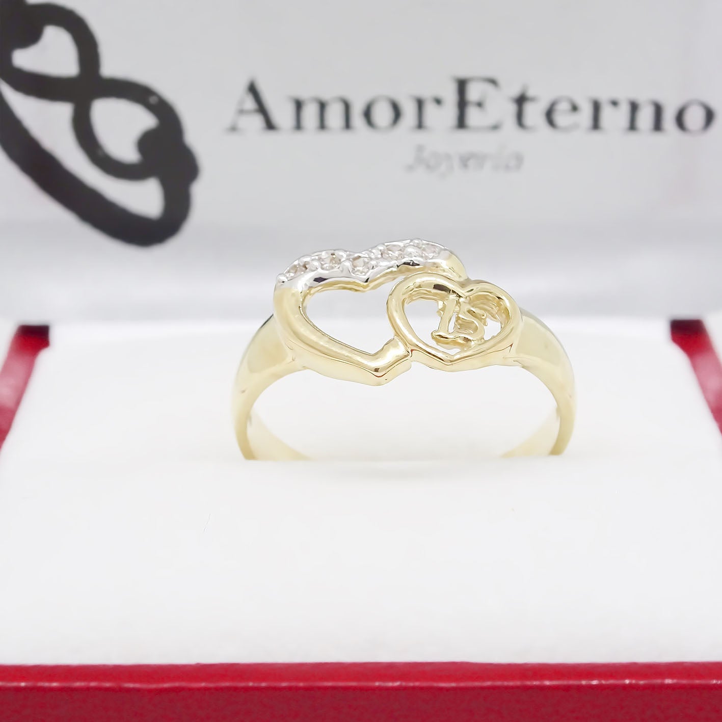 Amor Eterno - Anillo Xv Años / Doble Corazón/ Oro Sólido 14k