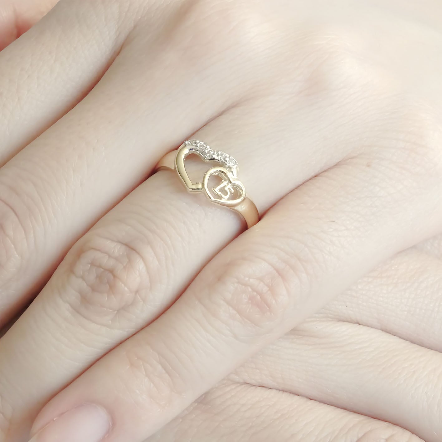 Amor Eterno - Anillo Xv Años / Doble Corazón/ Oro Sólido 14k