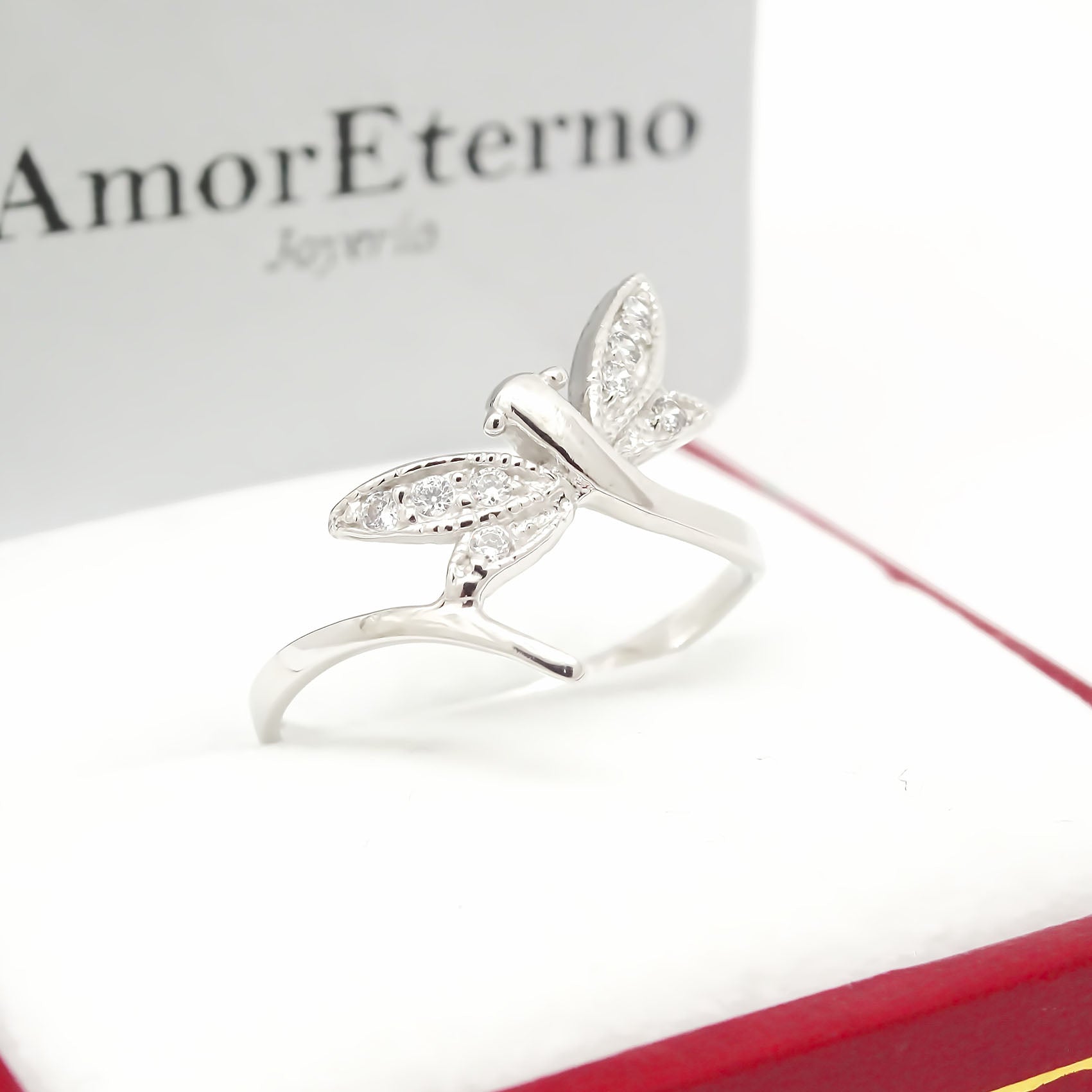 Amor Eterno - Anillo Libélula / Oro 14k Sólido / Blanco