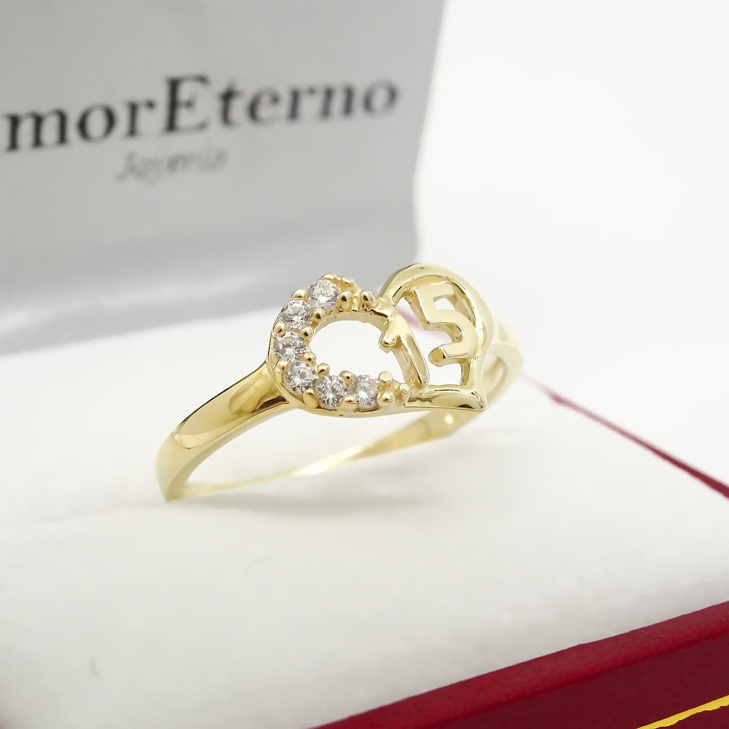 Amor Eterno - Anillo Xv Años Corazón En Oro 14k Sólido