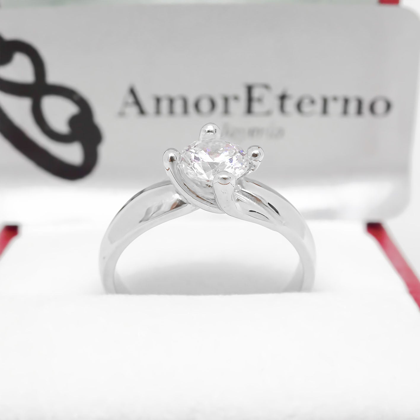Amor Eterno - Anillo Solitario / Doble Y / Oro Sólido 14k / Blanco