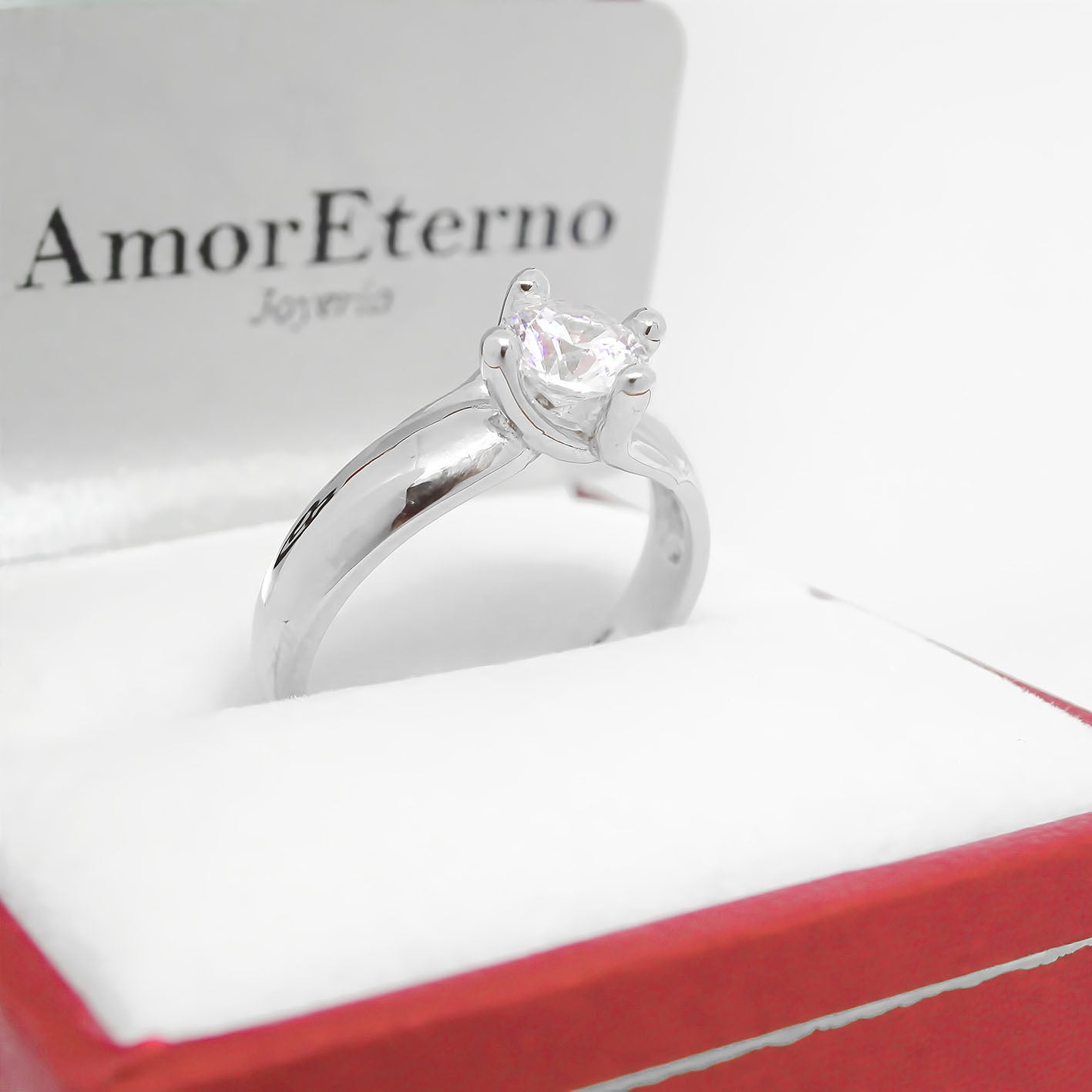Amor Eterno - Anillo Solitario / Doble Y / Oro Sólido 10k / Blanco