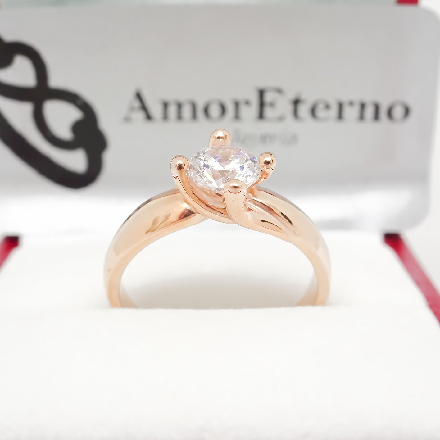 Amor Eterno - Anillo Solitario / Doble Y / Oro Sólido 14k / Rosa