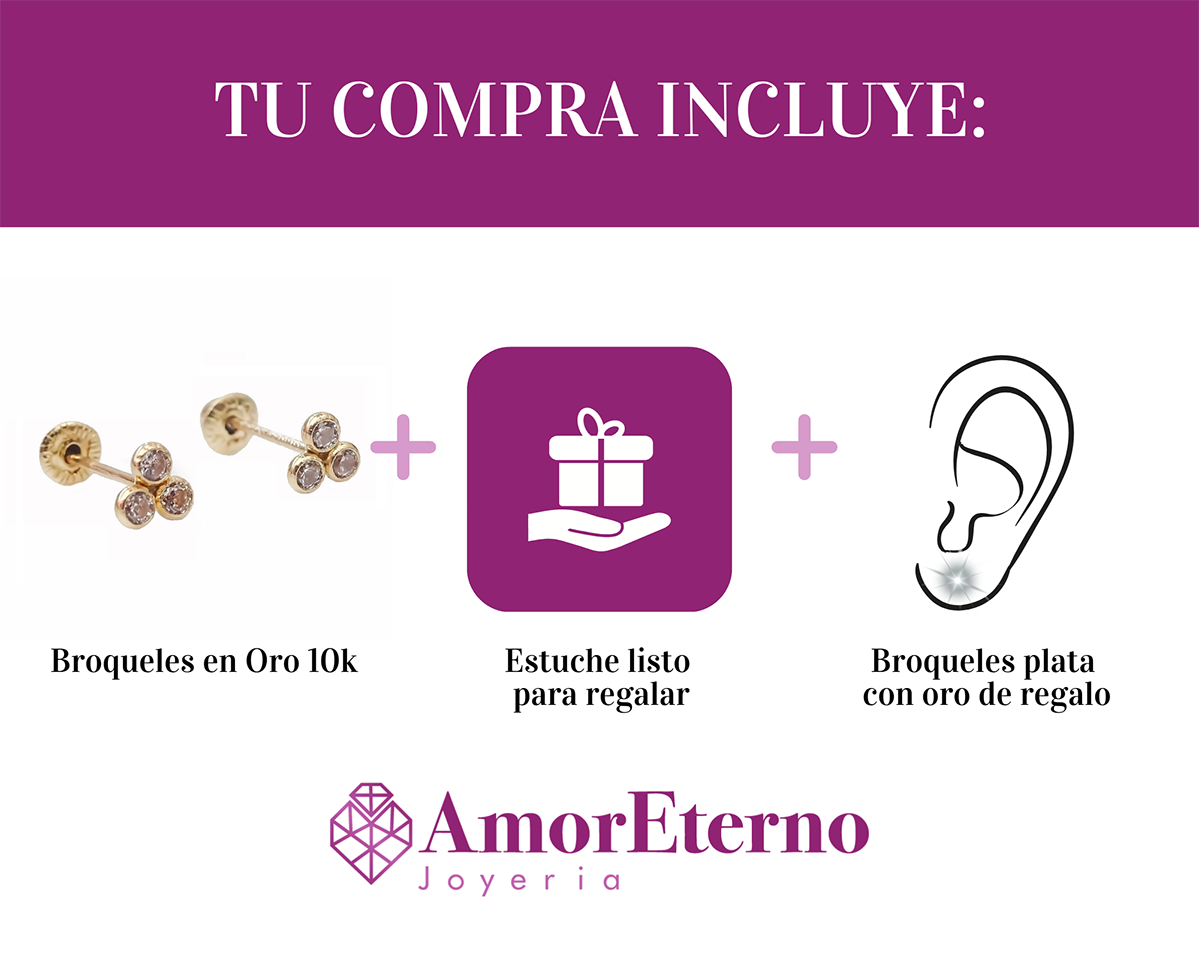Amor Eterno - Broqueles Mini Trébol / Aretes / Oro 10k / Transparente