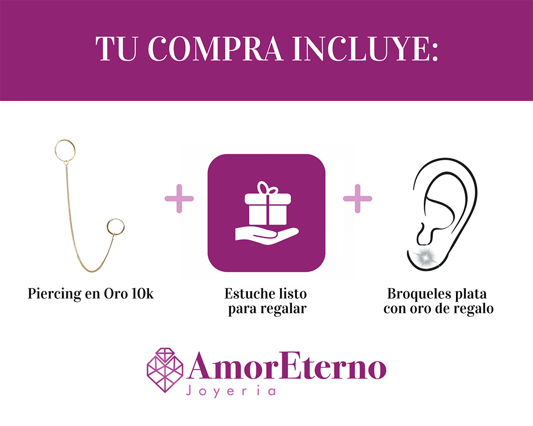 Amor Eterno - Doble Arracada Cadena Larga Piercing / Oro 10k