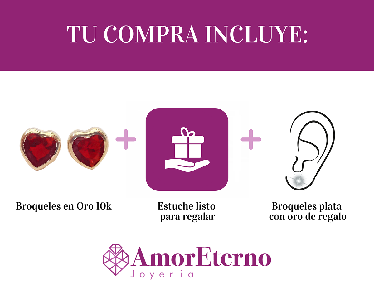 Amor Eterno - Broquel Corazón Bisel #5 / Aretes Oro 10k
