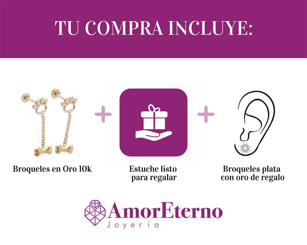 Amor Eterno - Broqueles Huella Cadena Hueso Aretes Oro 10k