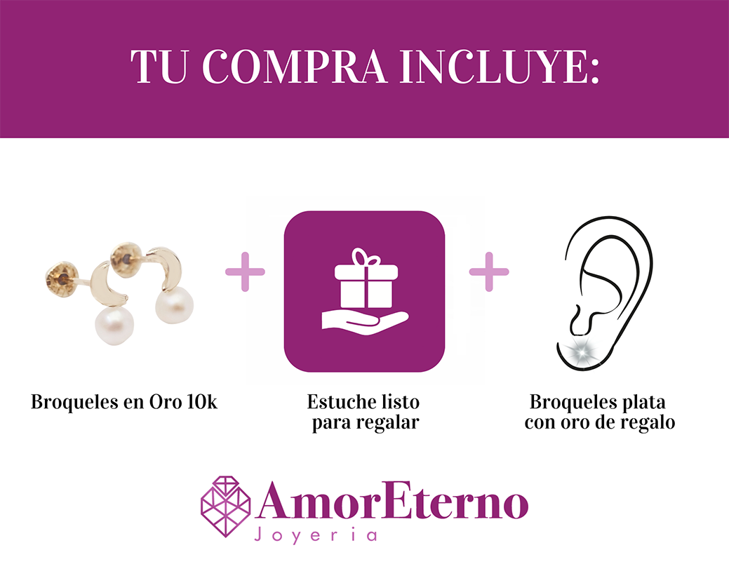 Amor Eterno - Broqueles Finos Perla Tu Y Yo / Aretes Oro 10k / Luna