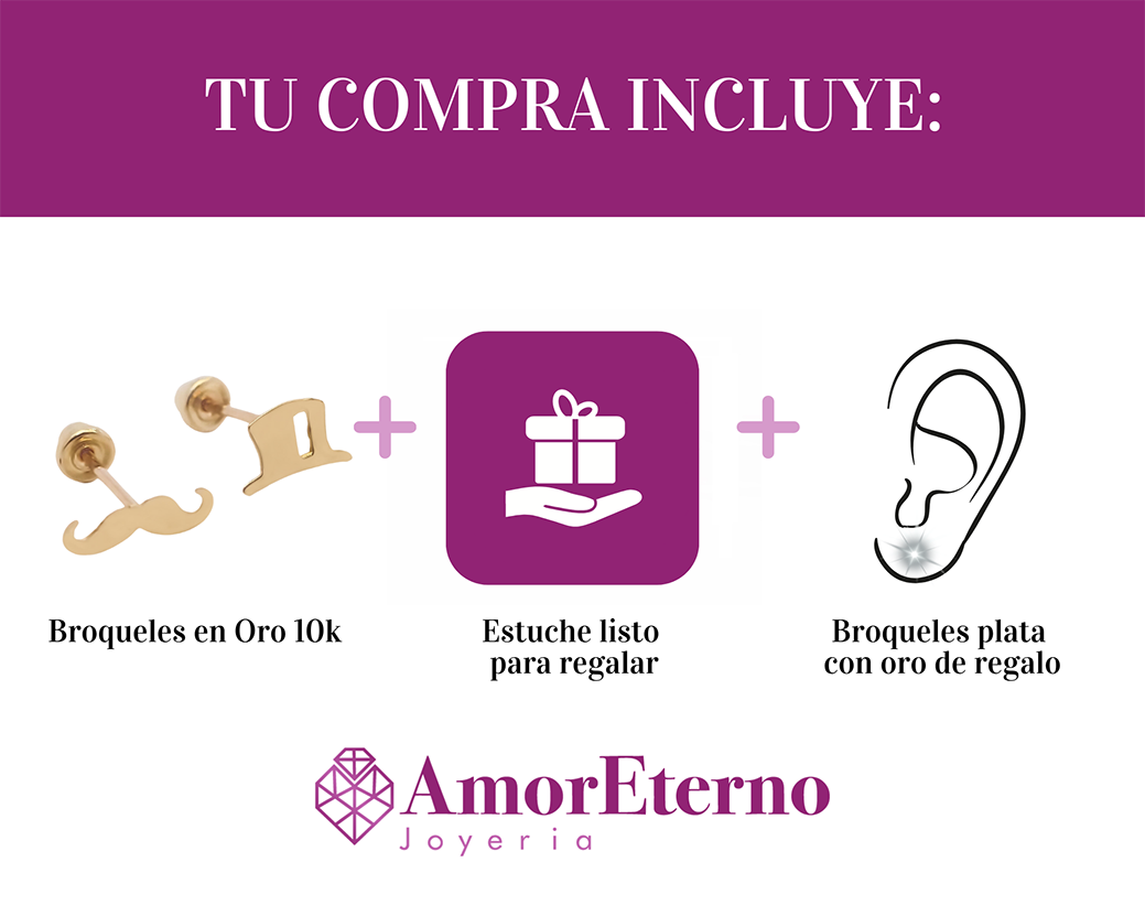 Amor Eterno - Broqueles Bigote Sombrero / Aretes / Oro 10k