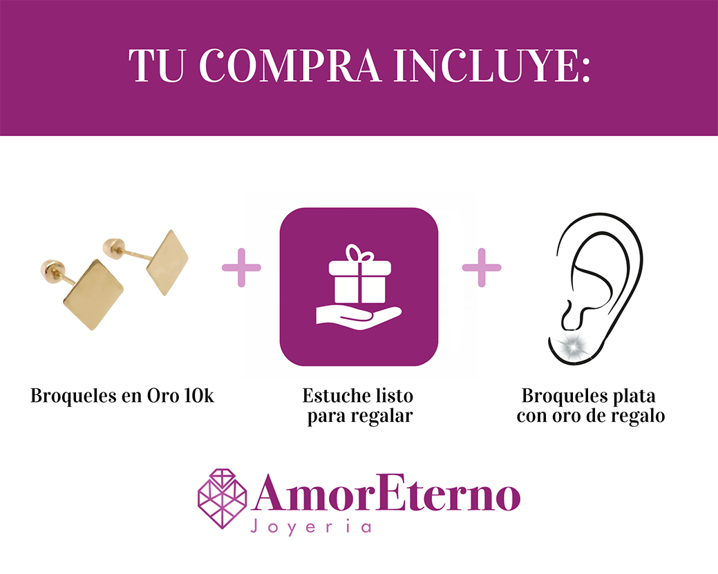 Amor Eterno - Broqueles Tachuela / Aretes / Oro Sólido 10k / Rombo