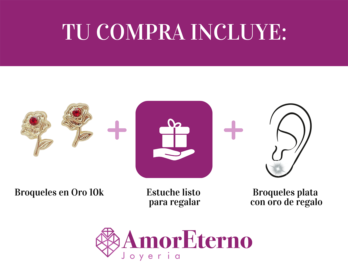 Amor Eterno - Broquel Rosa La Bella Y La Bestia Aretes Oro 10k