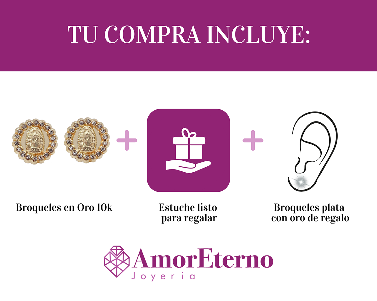 Amor Eterno - Broqueles Aretes Virgen Guadalupe 18p Oro 10k
