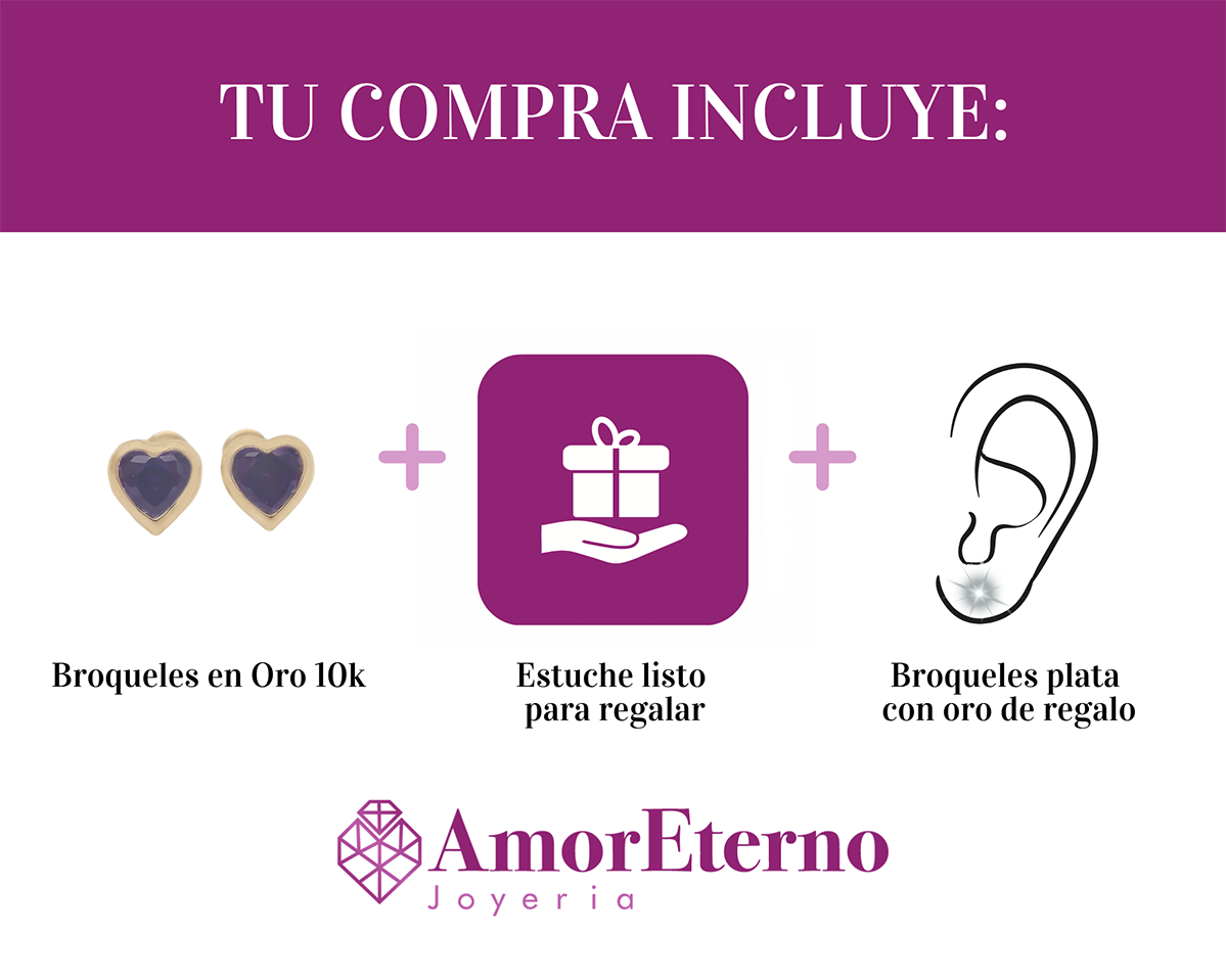 Amor Eterno - Broquel Corazón Bisel #4 / Aretes Oro 10k / Morado