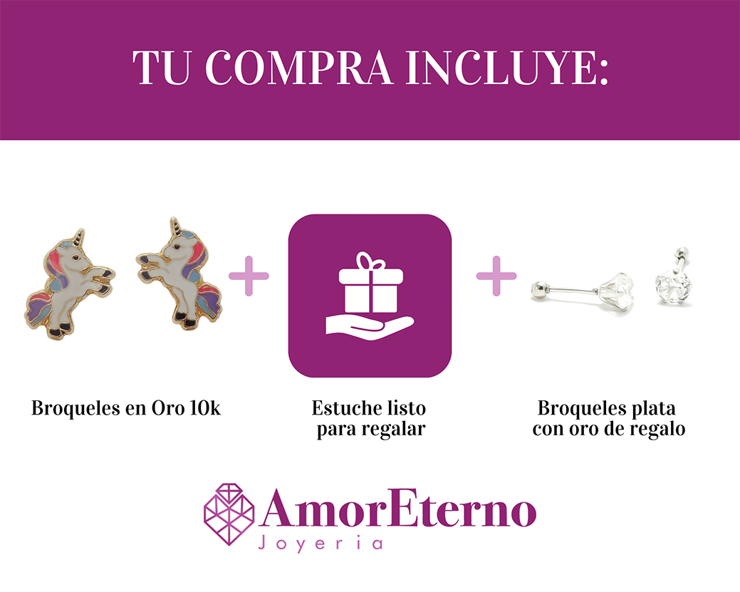 Amor Eterno - Broqueles Deluxe Unicornio / Aretes / Oro 10k