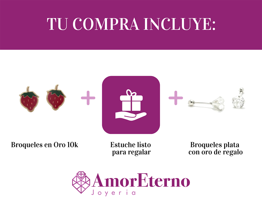 Amor Eterno - Broqueles Deluxe Fresa / Aretes / Oro 10k