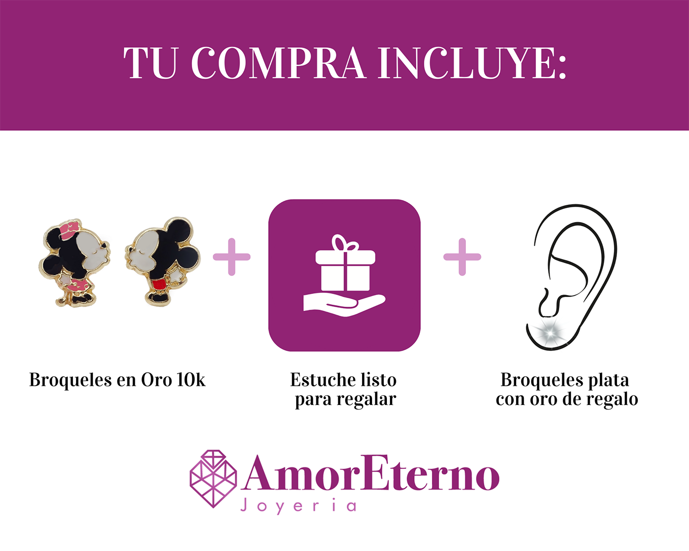 Amor Eterno - Broqueles Aretes Disney Beso Enamorado Oro 10k