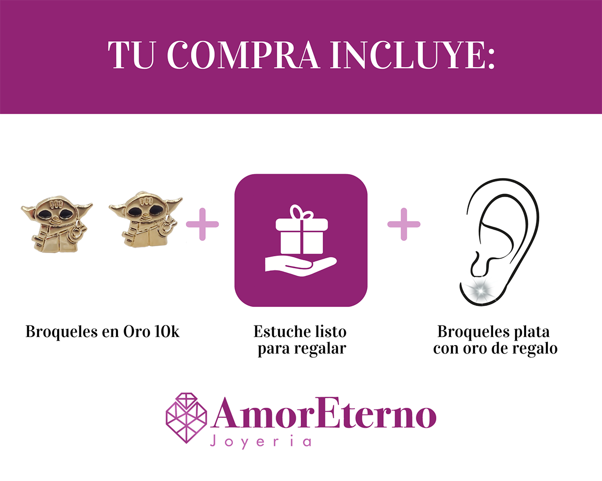 Amor Eterno - Broqueles Aretes Star Wars Yoda Grogu Oro 10k