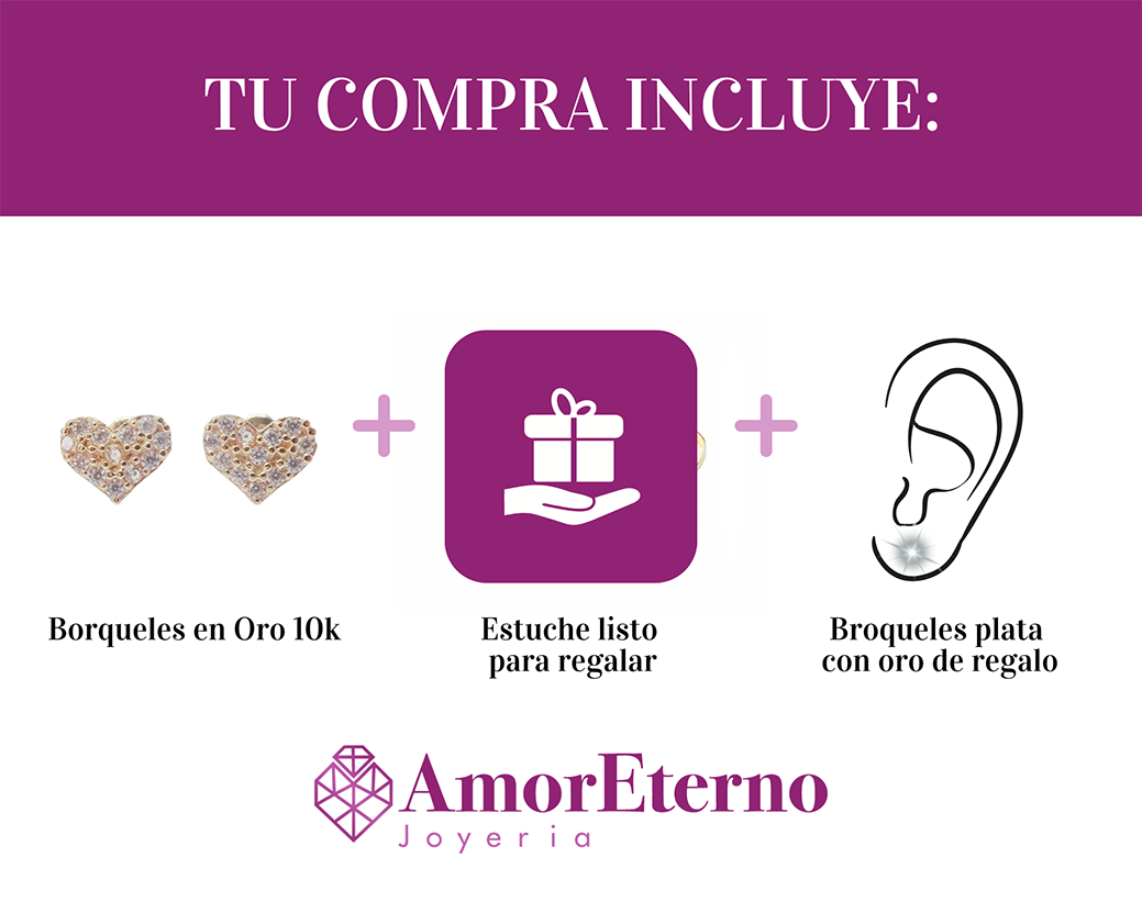 Amor Eterno - Broqueles Corazón Bombón / Oro Sólido 10k