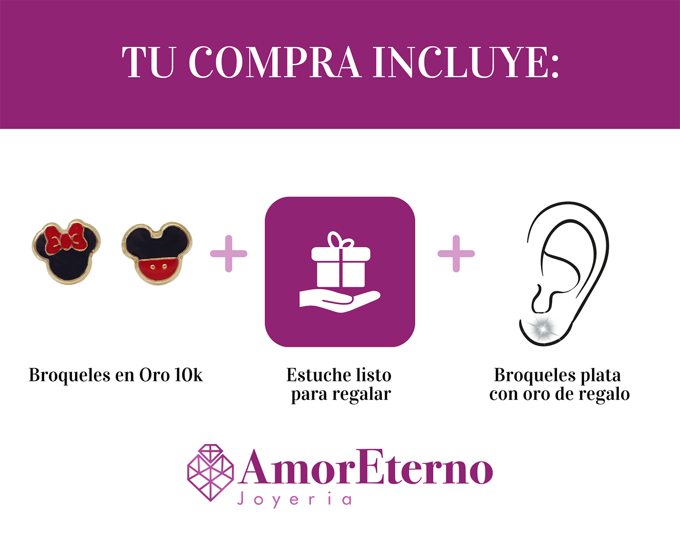 Amor Eterno - Broqueles Disney Mickey Minnie Aretes Oro 10k