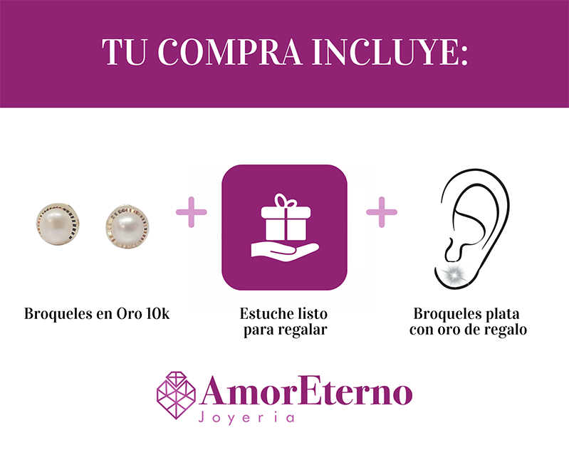 Amor Eterno - Broqueles Perla Bebé Elegante / Aretes Oro 10k
