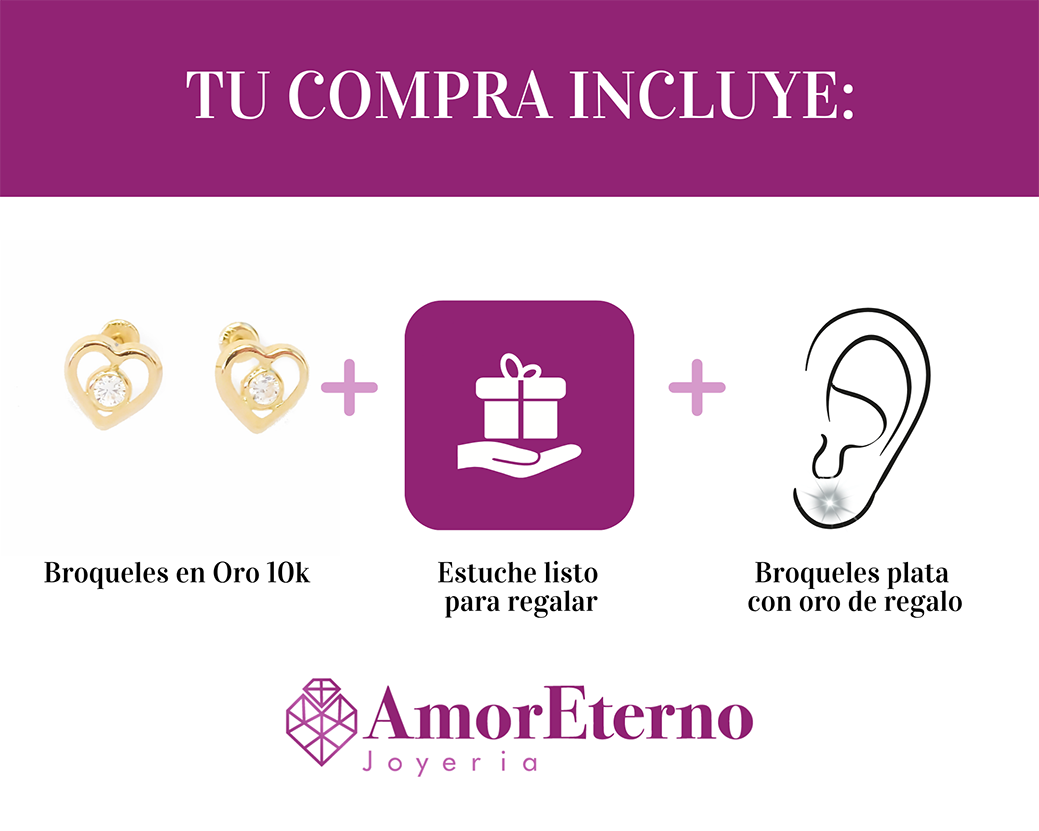 Amor Eterno - Broqueles / Corazón Bisel / Aretes / Oro 10k