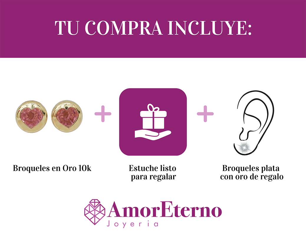 Amor Eterno - Broqueles Bisel Corazón / Aretes / Oro 10k / Rosa