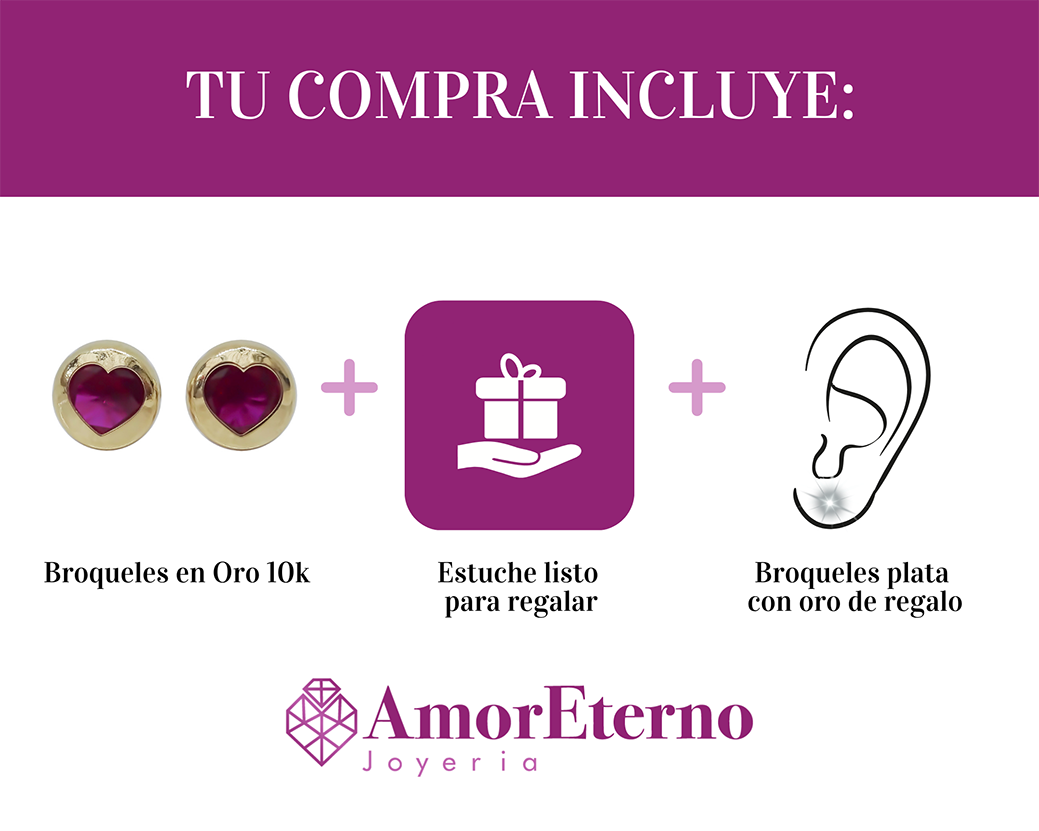 Amor Eterno - Broqueles Bisel Corazón / Aretes / Oro 10k / Fucsia