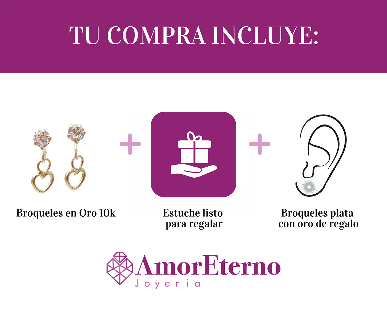 Amor Eterno - Broqueles / Corazón Colgante / Oro 10k